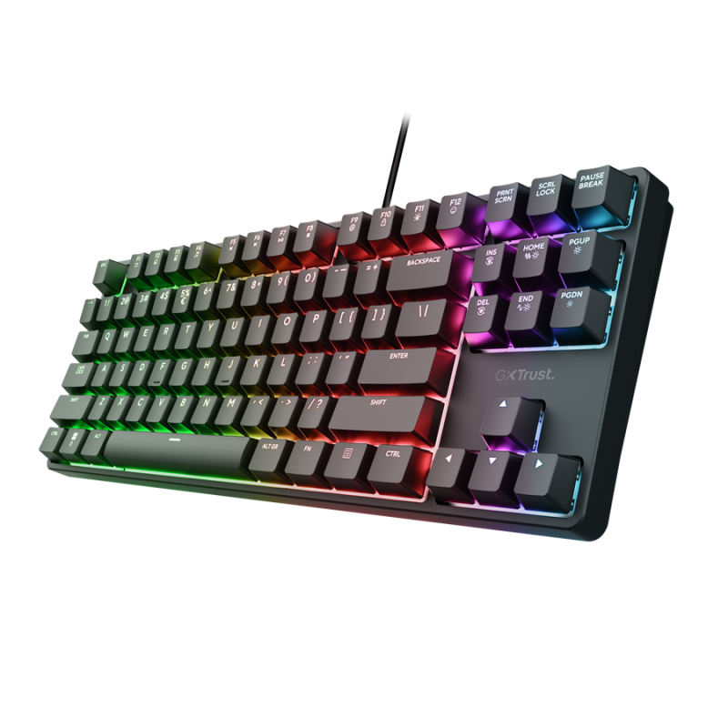 Tastatura gaming mecanica cu fir Trust GXT 864 Cada TKL, iluminare, swithc tactile Huano, numar taste 87, negru