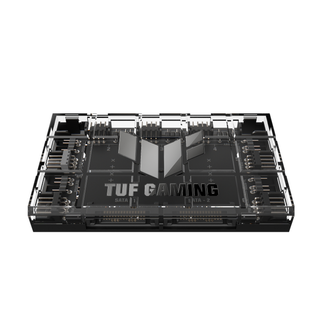 ASUS TUF Gaming ARGB PWM Fan Hub. Type: Fan controller, Product colour: Black, Fan connector: 4-pin. Width: 115 mm, Depth: 69 mm, Height: 17.7 mm