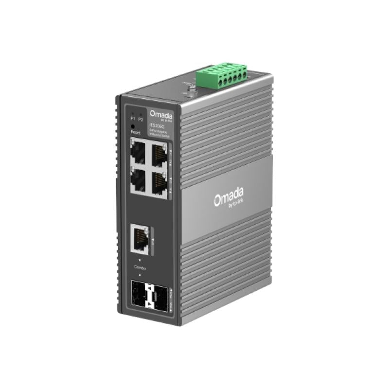 Omada 6-Port Gigabit Industrial Easy Managed Switch 4× Gigabit RJ45 Ports 1× Gigabit RJ45/SFP Combo Slot, 1× Gigabit SFP Slot Operating Temperature: -40~75°C (-40~167°F) IP40 Aluminum Casing Centralized Cloud Management