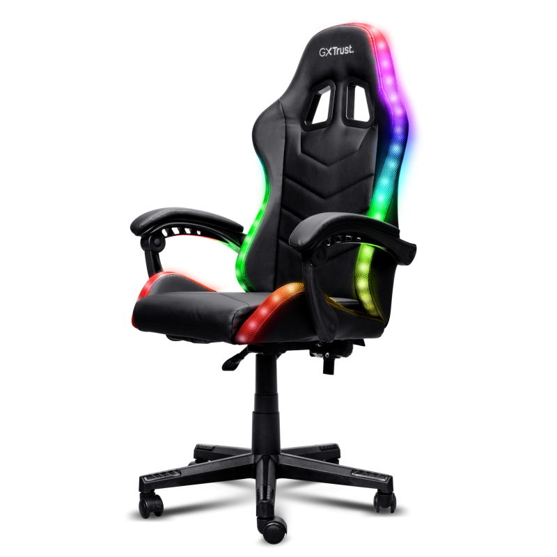 Scaun gaming Trust GXT 704 Roniq RGB, 5 roti, gas lift clasa 3, ajustabil pe inaltime, material PU leather, greutate maxima suportat 110 kg, negru