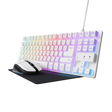 Kit Trust GXT 794W 3-in-1, kitul include: tastatura gaming, mouse cu fir gaming, mousepad, cablu USB-A la USB-C de 1m, USB micro receiver.
