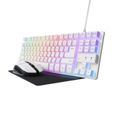 Kit Trust GXT 794W 3-in-1, kitul include: tastatura gaming, mouse cu fir gaming, mousepad, cablu USB-A la USB-C de 1m, USB micro receiver.