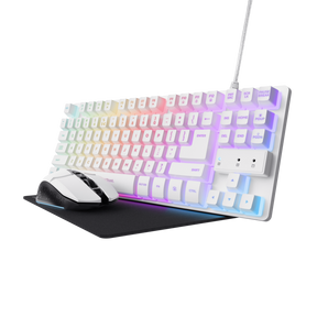 Kit Trust GXT 794W 3-in-1, kitul include: tastatura gaming, mouse cu fir gaming, mousepad, cablu USB-A la USB-C de 1m, USB micro receiver.