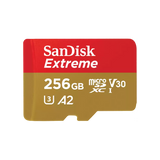 SanDisk Extreme. Capacity: 256 GB, Flash card type: MicroSDXC, Flash memory class: Class 10, Internal memory type: UHS-I, Read speed: 190 MB/s, Write speed: 130 MB/s, UHS Speed Class: Class 3 (U3), Video Speed Class: V30. Product colour: Gold, Red