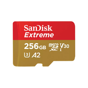 SanDisk Extreme. Capacity: 256 GB, Flash card type: MicroSDXC, Flash memory class: Class 10, Internal memory type: UHS-I, Read speed: 190 MB/s, Write speed: 130 MB/s, UHS Speed Class: Class 3 (U3), Video Speed Class: V30. Product colour: Gold, Red