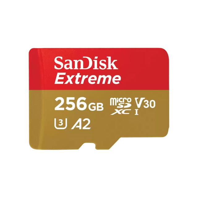 SanDisk Extreme. Capacity: 256 GB, Flash card type: MicroSDXC, Flash memory class: Class 10, Internal memory type: UHS-I, Read speed: 190 MB/s, Write speed: 130 MB/s, UHS Speed Class: Class 3 (U3), Video Speed Class: V30. Product colour: Gold, Red