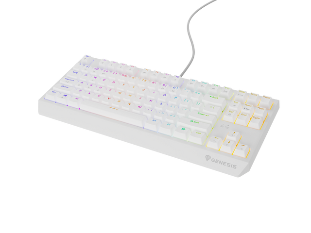 Tastatura gaming mecanica cu fir Genesis Thor 230 TKL, iluminare RGB, switch Linear, switch model Outemu Red, numar taste 87, 11 butoane multimedia, lungime cablu 1.6m, dimensiuni 363 x 155 x 39 mm, alb