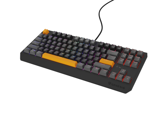 Tastatura gaming mecanica cu fir Genesis Thor 230 TKL, iluminare RGB, switch Linear, switch model Outemu Red, numar taste 87, 11 butoane multimedia, lungime cablu 1.6m, dimensiuni 363 x 155 x 39 mm, gri