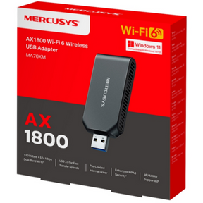 AX1800 Wi-Fi 6 USB Adapter SPEED: 574 Mbps at 2.4 GHz + 1201 Mbps at 5 GHz SPEC: Internal Antenna, USB 3.0 FEATURE: MU-MIMO, OFDMA, Beamforming, WPA3