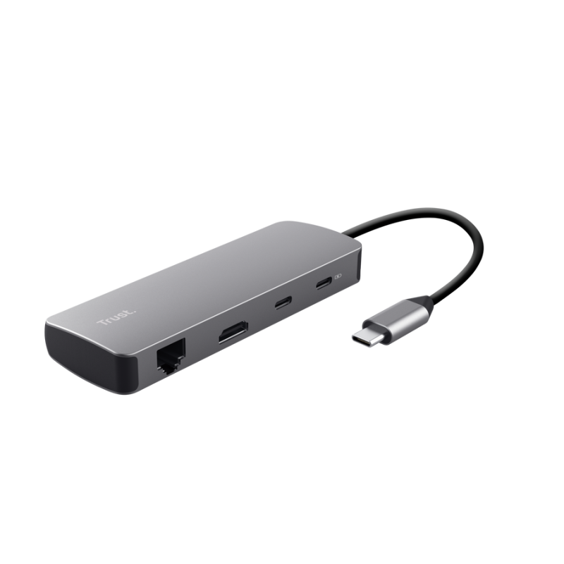 Adaptor Trust Dalyx 8 in 1, USB 3.2 gen 1, 2.0, lungime cablu 15cm, port Ethernet, gri