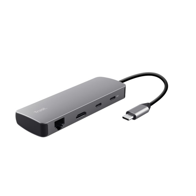 Adaptor Trust Dalyx 8 in 1, USB 3.2 gen 1, 2.0, lungime cablu 15cm, port Ethernet, gri