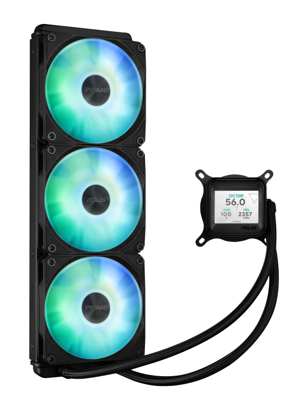 Cooler Procesor ASUS PRIME LC 360 LCD ARGB NEGRU, marime radiator 360mm, 3 ventilatoare ARGB, Viteza ventilatoare 2200 RPM +/- 10%, Suport AMD: AM4, AM5, suport INTEL: LGA 1851/115x/1200/1700, Airflow: 75.7 CFM, Nivel de zgomot ventilatoare: 37.6dBA