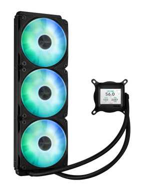 Cooler Procesor ASUS PRIME LC 360 LCD ARGB NEGRU, marime radiator 360mm, 3 ventilatoare ARGB, Viteza ventilatoare 2200 RPM +/- 10%, Suport AMD: AM4, AM5, suport INTEL: LGA 1851/115x/1200/1700, Airflow: 75.7 CFM, Nivel de zgomot ventilatoare: 37.6dBA