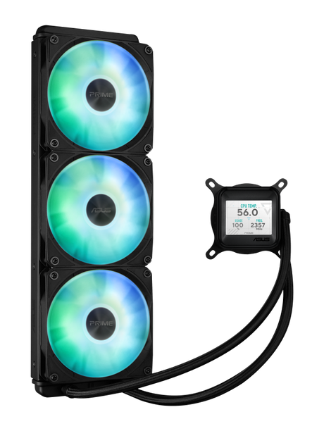 Cooler Procesor ASUS PRIME LC 360 LCD ARGB NEGRU, marime radiator 360mm, 3 ventilatoare ARGB, Viteza ventilatoare 2200 RPM +/- 10%, Suport AMD: AM4, AM5, suport INTEL: LGA 1851/115x/1200/1700, Airflow: 75.7 CFM, Nivel de zgomot ventilatoare: 37.6dBA