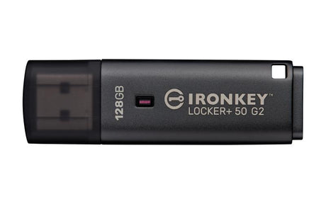 Kingston Technology IronKey Locker+ 50 G2. Capacity: 128 GB, Device interface: USB Type-A, USB version: 3.2 Gen 1 (3.1 Gen 1), Read speed: 145 MB/s, Write speed: 115 MB/s. Form factor: Cap. Weight: 22.94 g. Product colour: Black