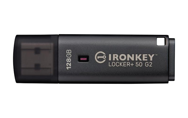 Kingston Technology IronKey Locker+ 50 G2. Capacity: 128 GB, Device interface: USB Type-A, USB version: 3.2 Gen 1 (3.1 Gen 1), Read speed: 145 MB/s, Write speed: 115 MB/s. Form factor: Cap. Weight: 22.94 g. Product colour: Black