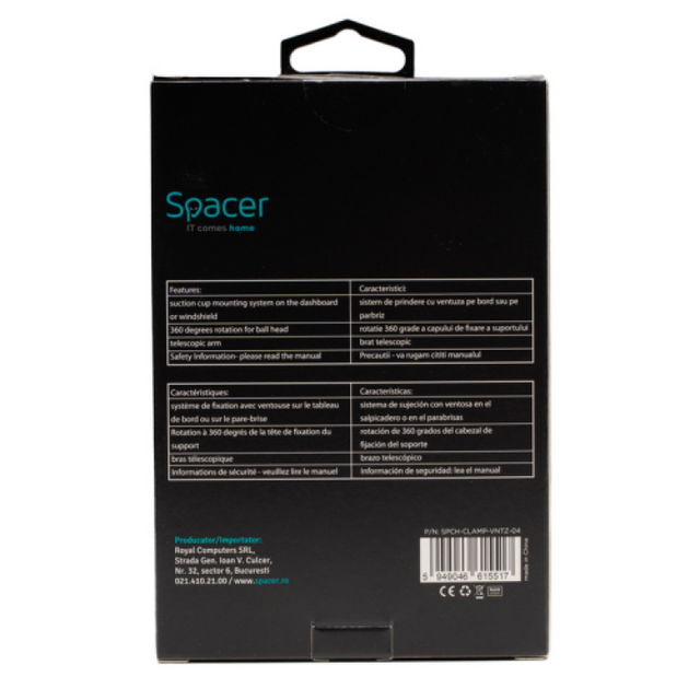Suport auto SPACER pt. SmartPhone, fixare pe bord sau geam prin ventuza, brat telescopic, sistem auto-lock, rotire 360 grade, negru
