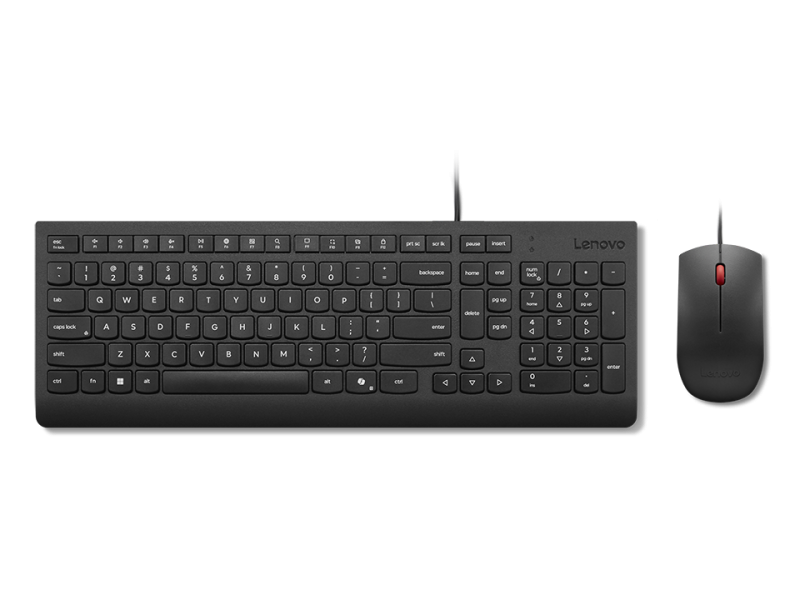 Lenovo Essential Wired Combo Black US Euro. Keyboard form factor: Full-size (100%), Connectivity technology: Wired, Device interface: USB. Cable length: 1.8 m. Recommended usage: Universal. Product colour: Black. Mouse included