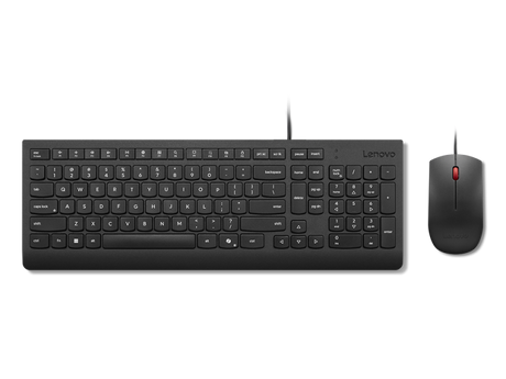 Lenovo Essential Wired Combo Black US Euro. Keyboard form factor: Full-size (100%), Connectivity technology: Wired, Device interface: USB. Cable length: 1.8 m. Recommended usage: Universal. Product colour: Black. Mouse included