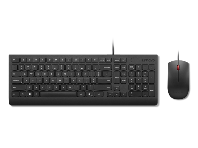 Lenovo Essential Wired Combo Black US Euro. Keyboard form factor: Full-size (100%), Connectivity technology: Wired, Device interface: USB. Cable length: 1.8 m. Recommended usage: Universal. Product colour: Black. Mouse included