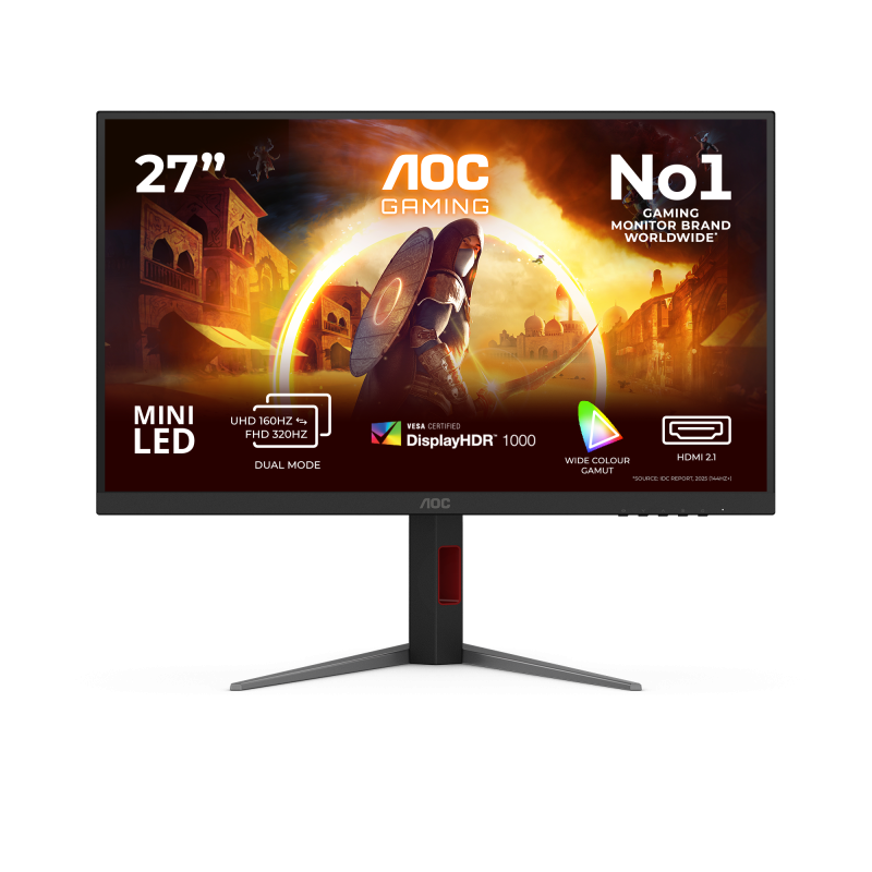 Monitor AOC 27" U27G4XM, Diagonal (inch): 27, Diagonal (cm): 68, Aspect ratio: 16:9, Panel: Fast IPS, Resolution: 3840x2160, Refresh Rate: 160Hz, Response time GtG: 1ms, Brightness (max): 1200 cd/m², Contrast (static) : 1000:1, Contrast (dynamic): 80M:1, Viewing angle: 178/178, Color Gamut Type