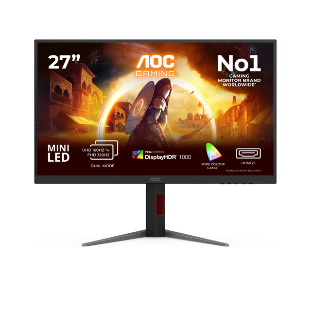 Monitor AOC 27" U27G4XM, Diagonal (inch): 27, Diagonal (cm): 68, Aspect ratio: 16:9, Panel: Fast IPS, Resolution: 3840x2160, Refresh Rate: 160Hz, Response time GtG: 1ms, Brightness (max): 1200 cd/m², Contrast (static) : 1000:1, Contrast (dynamic): 80M:1, Viewing angle: 178/178, Color Gamut Type