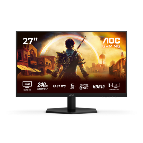 Monitor AOC 27" Q27G42ZE, Diagonal (inch): 27, Diagonal (cm): 68, Aspect ratio: 16:9, Panel: Fast IPS, Resolution: 2560x1440, Refresh Rate: 260Hz, Response time GtG: 1ms, Response time MPRT: 0.3ms, Brightness (max): 300 cd/m², Contrast (static) : 1000:1, Contrast (dynamic): 80M:1, Viewing angle