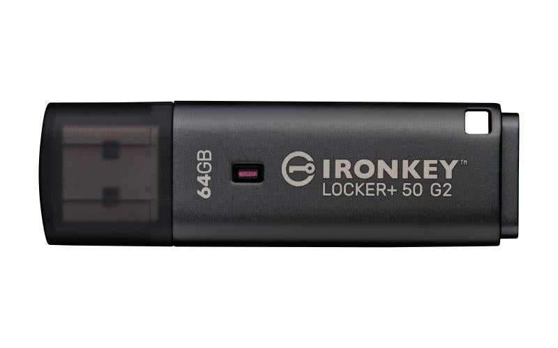 Kingston Technology IronKey Locker+ 50 G2. Capacity: 64 GB, Device interface: USB Type-A, USB version: 3.2 Gen 1 (3.1 Gen 1), Read speed: 145 MB/s, Write speed: 115 MB/s. Form factor: Cap. Weight: 22.94 g. Product colour: Black