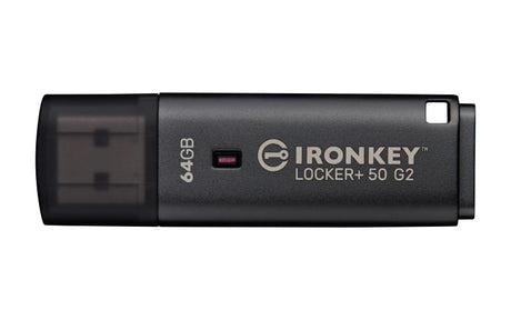 Kingston Technology IronKey Locker+ 50 G2. Capacity: 64 GB, Device interface: USB Type-A, USB version: 3.2 Gen 1 (3.1 Gen 1), Read speed: 145 MB/s, Write speed: 115 MB/s. Form factor: Cap. Weight: 22.94 g. Product colour: Black