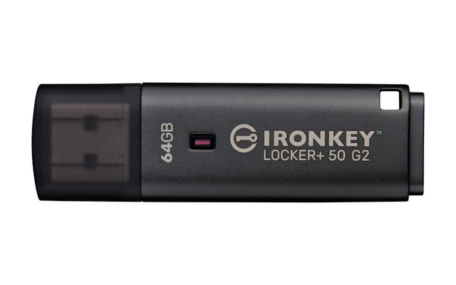 Kingston Technology IronKey Locker+ 50 G2. Capacity: 64 GB, Device interface: USB Type-A, USB version: 3.2 Gen 1 (3.1 Gen 1), Read speed: 145 MB/s, Write speed: 115 MB/s. Form factor: Cap. Weight: 22.94 g. Product colour: Black