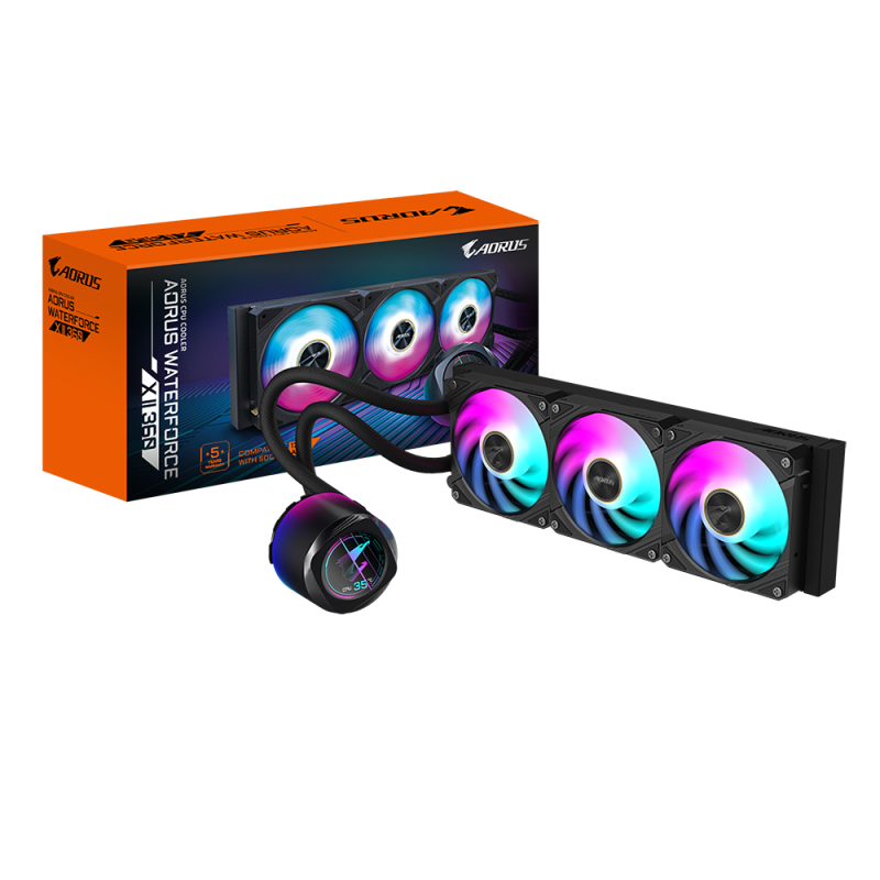 GIGABYTE AORUS WATERFORCE X II 360. Type: All-in-one liquid cooler, Fan diameter: 12 cm, Maximum air pressure: 3.15 mmH2O. Product colour: Black
