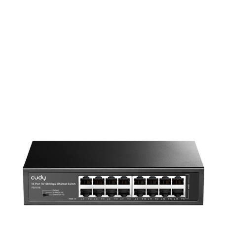 CUDY 16-Port 10/100 Mbps Switch, 16 10/100 Mbps RJ45 Ports, Switch/VLAN/Extend working mode DIP switch, Rack-mountable Steel Case, Power Saving, Plug & Play, Rack-Mount kits included