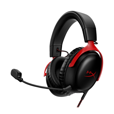 Casti gaming HyperX Cloud III Black-Red, DTS Headphone:X Spatial Audio, drivere 53mm, microfon detasabil cu metal mesh, noise cancelling si indicator LED, jack 3,5mm/USB-C/USB-A, cupe cu spuma cu memorie, multiplatforma, negru-rosu