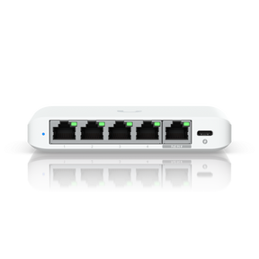 Ubiquiti USW-Flex-2.5G-5, 5 porturi RJ45 1/2.5 GbE, capacitate 25 Gbps, 1 adaptor de alimentare AC, 5V DC, 1A, 1 PoE (PairA 1, 2+; 3, 6-)(PairB 4, 5+; 7, 8-), dimensiuni 117.1 x 90 x 21.2 mm (4.6 x 3.5 x 0.8")