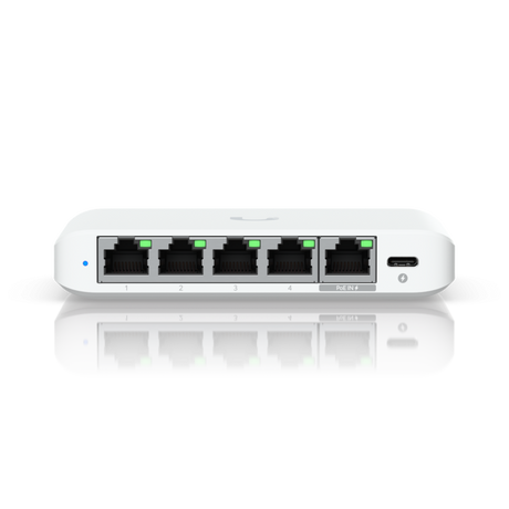 Ubiquiti USW-Flex-2.5G-5, 5 porturi RJ45 1/2.5 GbE, capacitate 25 Gbps, 1 adaptor de alimentare AC, 5V DC, 1A, 1 PoE (PairA 1, 2+; 3, 6-)(PairB 4, 5+; 7, 8-), dimensiuni 117.1 x 90 x 21.2 mm (4.6 x 3.5 x 0.8")