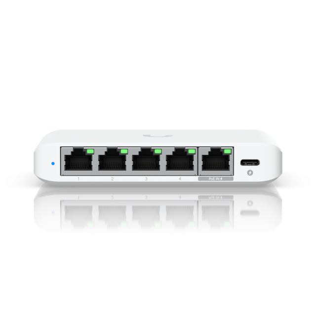 Ubiquiti USW-Flex-2.5G-5, 5 porturi RJ45 1/2.5 GbE, capacitate 25 Gbps, 1 adaptor de alimentare AC, 5V DC, 1A, 1 PoE (PairA 1, 2+; 3, 6-)(PairB 4, 5+; 7, 8-), dimensiuni 117.1 x 90 x 21.2 mm (4.6 x 3.5 x 0.8")