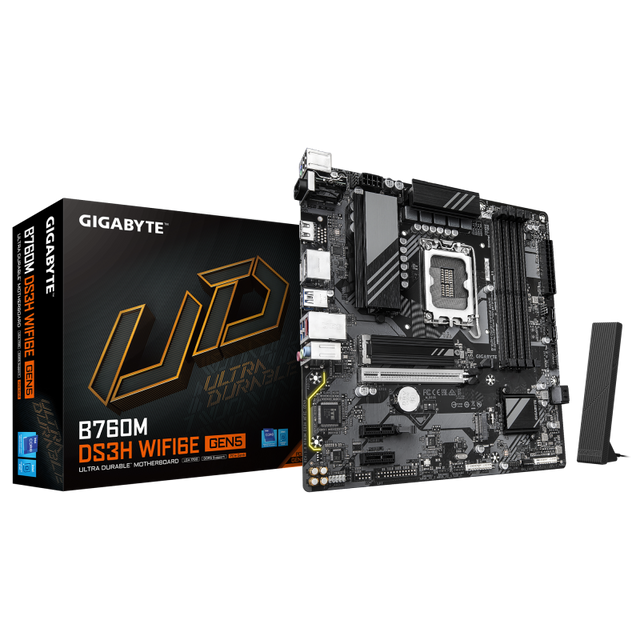 Placa de Baza GIGABYTE B760M DS3H WIFI6E GEN5 LGA1700, 4x DDR5, 1x HDMI 2x DP, 1x PCIE 5.0 x16 2x PCIE 3.0 x1, 2x M.2, 4x SATA 6GB/s, mATX