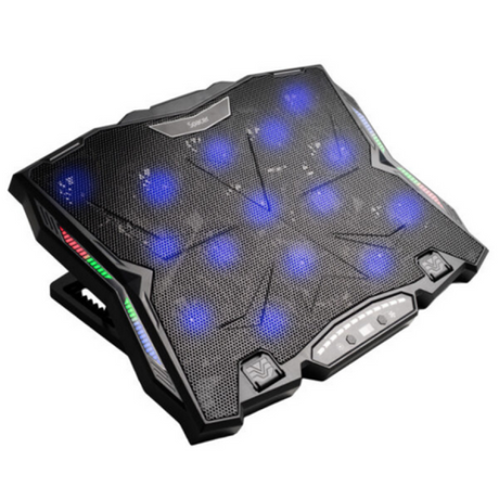 STAND SPACER notebook 17" Gaming, sita metal, 15x6cm LED fans,6 trepte turatie Max 2200RPM, 8 trepte inaltime,RGB 10 moduri, suport telefon,Airflow 180cfm, 1xUSB, 1xTYPE-C, black, Nivel zgomot 28dBA