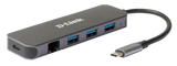 D-Link DUB-2334 5-in-1 USB-C Hub with Gigabit Ethernet and power delivery, 1* USB-C connector, 1* Gigabit Ethernet, 3* USB Type- APort (USB 3.0), 1* USB-C powerdelivery.