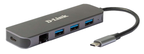 D-Link DUB-2334 5-in-1 USB-C Hub with Gigabit Ethernet and power delivery, 1* USB-C connector, 1* Gigabit Ethernet, 3* USB Type- APort (USB 3.0), 1* USB-C powerdelivery.