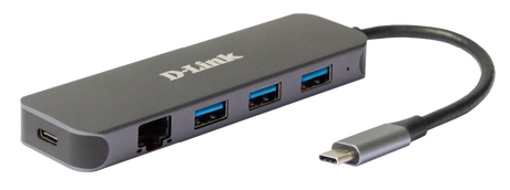 D-Link DUB-2334 5-in-1 USB-C Hub with Gigabit Ethernet and power delivery, 1* USB-C connector, 1* Gigabit Ethernet, 3* USB Type- APort (USB 3.0), 1* USB-C powerdelivery.
