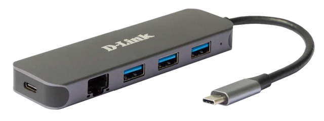 D-Link DUB-2334 5-in-1 USB-C Hub with Gigabit Ethernet and power delivery, 1* USB-C connector, 1* Gigabit Ethernet, 3* USB Type- APort (USB 3.0), 1* USB-C powerdelivery.