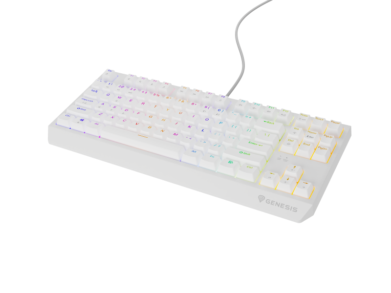 Tastatura gaming mecanica cu fir Genesis Thor 230 TKL, iluminare RGB, switch-uri Brown, 87 taste, 11 butoane multimedia, alb