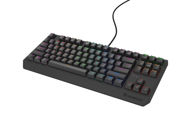 Tastatura gaming mecanica cu fir Genesis Thor 230 TKL Lite, iluminare multicolor, switch Linear, switch model Outemu Red, numar taste 87, 11 butoane multimedia, lungime cablu 1.6m, dimensiuni 363 x 155 x 39 mm, negru
