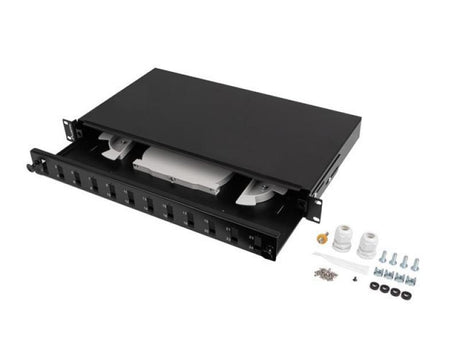 Patch panel fibră rack 19" 1U  12x SC duplex / 12x LC quad, negru + accesorii