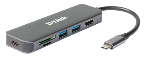 D-Link DUB-2327 6-in-1 USB-C Hub with HDMI, SD/microSD card reader and power delivery, 1* USB-C connector, 1* HDMI Port, 2* USB Type- APort (USB 3.0), 1* SD card slot, 1* microSD card slot, 1* USB-C powerdelivery.