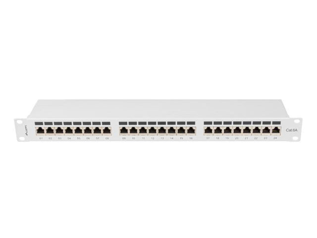 Patch panel 24 porturi 1U 19" Cat.6A FTP cu organizator cabluri, ecranat, gri