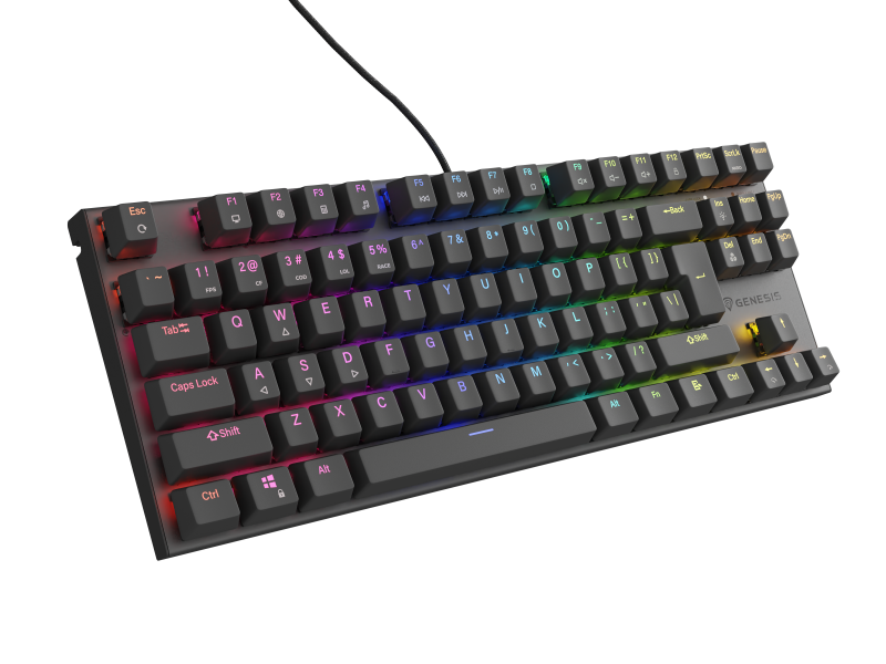 Tastatura gaming mecanica cu fir Genesis Thor 303 TKL, iluminare RGB, switch Linear, switch model Outemu Red, numar taste 87, 11 butoane multimedia, lungime cablu 1.8m, dimensiuni 355 x 136 x 36 mm, negru