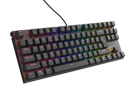 Tastatura gaming mecanica cu fir Genesis Thor 303 TKL, iluminare RGB, switch Linear, switch model Outemu Red, numar taste 87, 11 butoane multimedia, lungime cablu 1.8m, dimensiuni 355 x 136 x 36 mm, negru