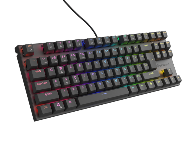Tastatura gaming mecanica cu fir Genesis Thor 303 TKL, iluminare RGB, switch Linear, switch model Outemu Red, numar taste 87, 11 butoane multimedia, lungime cablu 1.8m, dimensiuni 355 x 136 x 36 mm, negru
